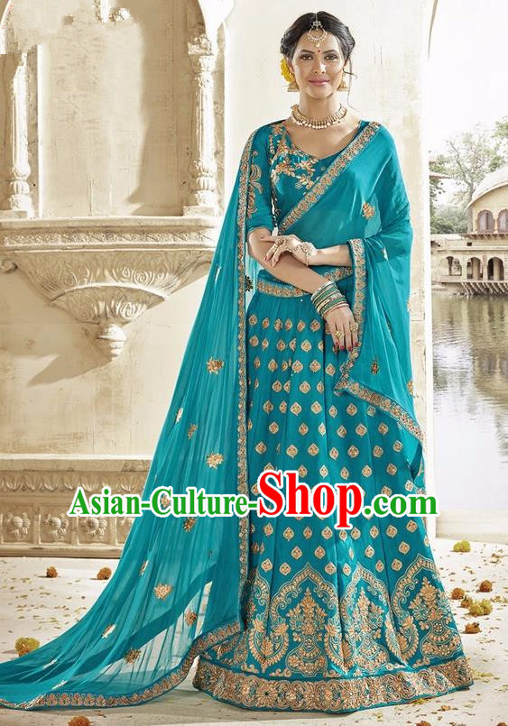 Asian India Traditional Bride Embroidered Blue Sari Dress Indian Bollywood Court Queen Costume Complete Set for Women
