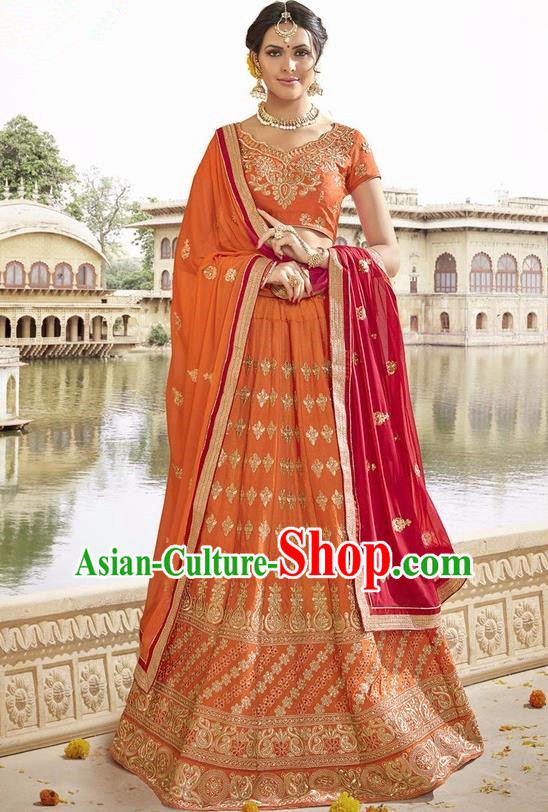 Asian India Traditional Bride Embroidered Orange Sari Dress Indian Bollywood Court Queen Costume Complete Set for Women