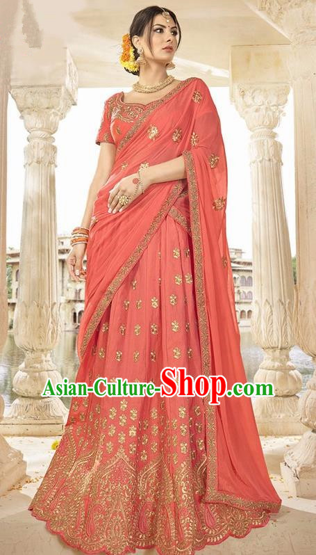 Asian India Traditional Bride Embroidered Watermelon Red Sari Dress Indian Bollywood Court Queen Costume Complete Set for Women