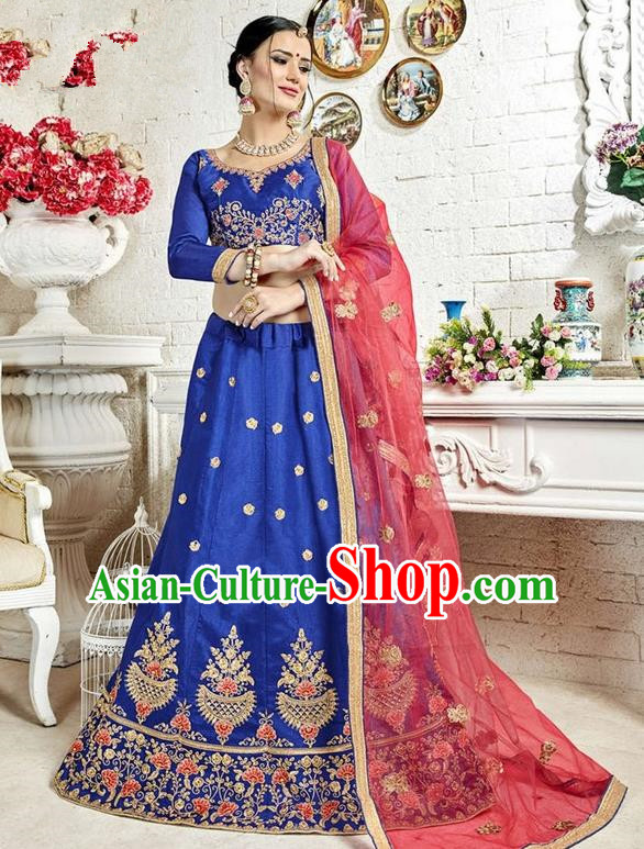 Asian India Traditional Wedding Bride Embroidered Royalblue Sari Dress Indian Bollywood Court Queen Costume Complete Set for Women
