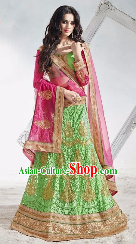 Asian India Traditional Wedding Bride Embroidered Green Lace Sari Dress Indian Bollywood Court Queen Costume Complete Set for Women