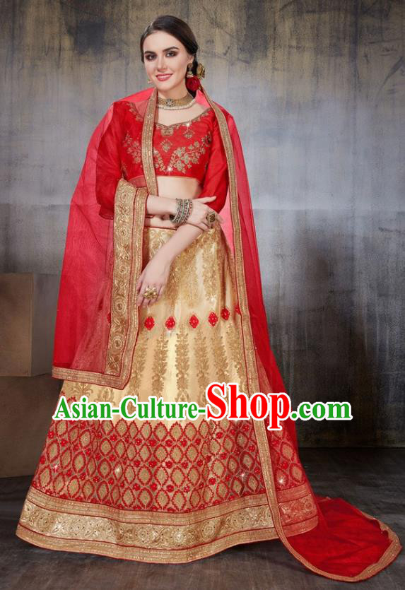 Asian India Traditional Wedding Embroidered Golden Sari Dress Indian Bollywood Court Bride Costume Complete Set for Women