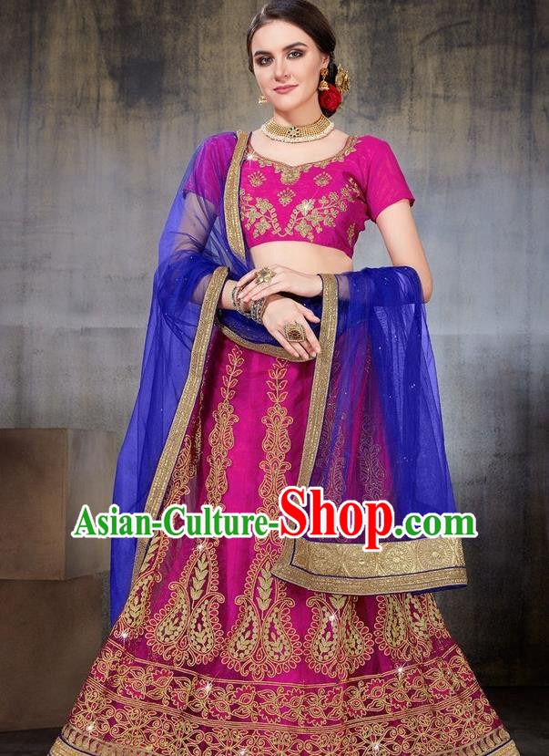 Asian India Traditional Wedding Embroidered Rosy Sari Dress Indian Bollywood Court Bride Costume Complete Set for Women