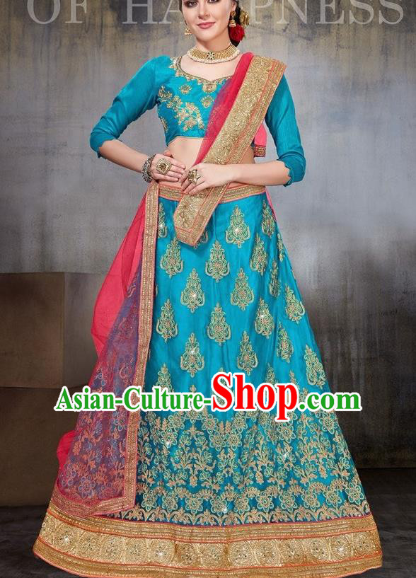 Asian India Traditional Wedding Embroidered Blue Sari Dress Indian Bollywood Court Bride Costume Complete Set for Women