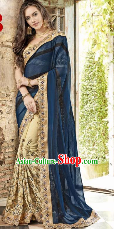Asian India Traditional Navy Sari Dress Indian Bollywood Court Bride Costume Complete Set for Women