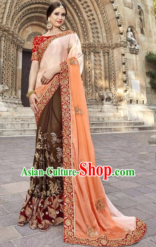 Asian India Traditional Embroidered Brown Sari Dress Indian Bollywood Court Bride Costume Complete Set for Women