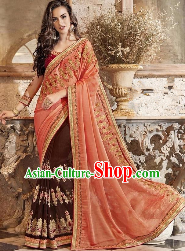 Asian India Traditional Court Princess Embroidered Orange Sari Dress Indian Bollywood Bride Costume for Women