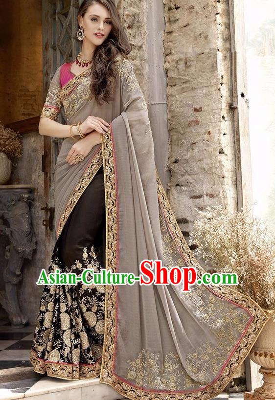 Asian India Traditional Court Princess Embroidered Brown Sari Dress Indian Bollywood Bride Costume for Women