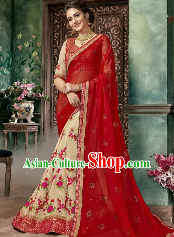 Asian India Traditional Court Princess Embroidered Red Sari Dress Indian Bollywood Bride Costume for Women