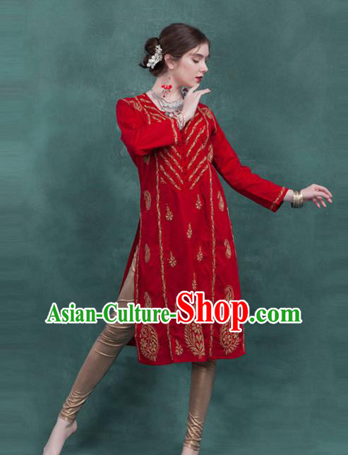 South Asian India Traditional Red Dress Costume Asia Indian National Punjabi Suit for Women