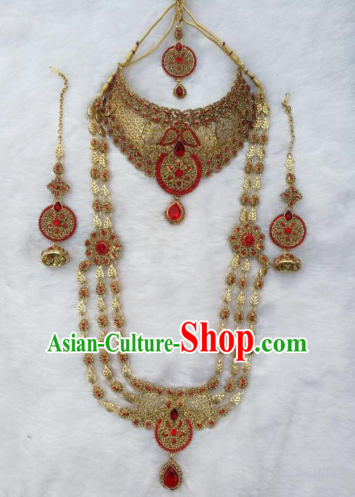 South Asian India Traditional Red Crystal Jewelry Accessories Indian Bollywood Necklace Earrings Hair Clasp for Women