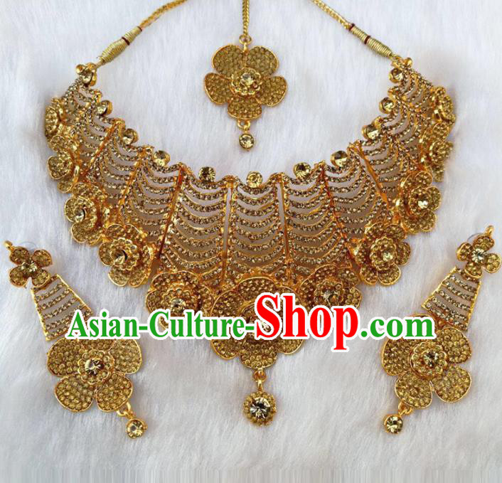 South Asian India Traditional Jewelry Accessories Indian Bollywood Golden Crystal Necklace Earrings Hair Clasp for Women