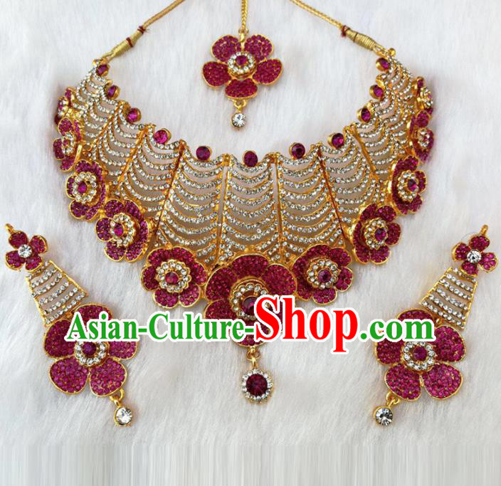 South Asian India Traditional Jewelry Accessories Indian Bollywood Rosy Crystal Necklace Earrings Hair Clasp for Women