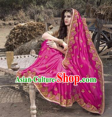 Asian India Traditional Rosy Sari Dress Indian Court Princess Bollywood Embroidered Costume for Women