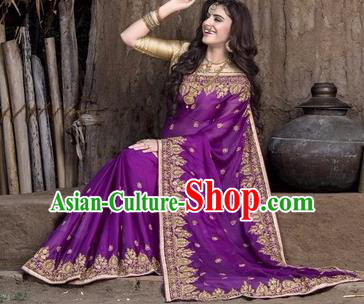 Asian India Traditional Purple Sari Dress Indian Court Princess Bollywood Embroidered Costume for Women