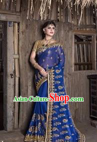 Asian India Traditional Deep Blue Sari Dress Indian Court Princess Bollywood Embroidered Costume for Women