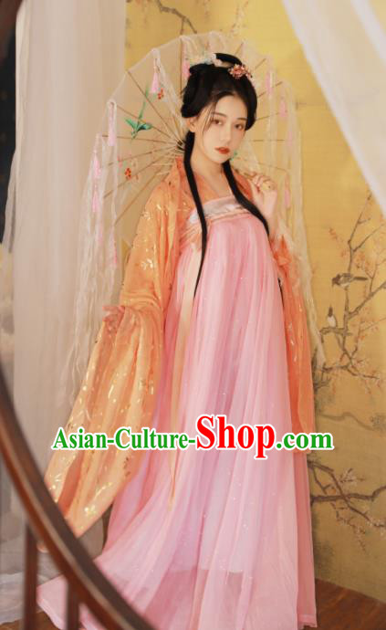 Ancient Chinese Tang Dynasty Peri Princess Historical Costume Traditional Court Pink Hanfu Dress for Women