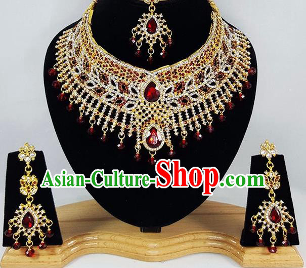 Indian Traditional Bollywood Crystal Necklace Earrings and Eyebrows Pendant India Court Princess Jewelry Accessories for Women