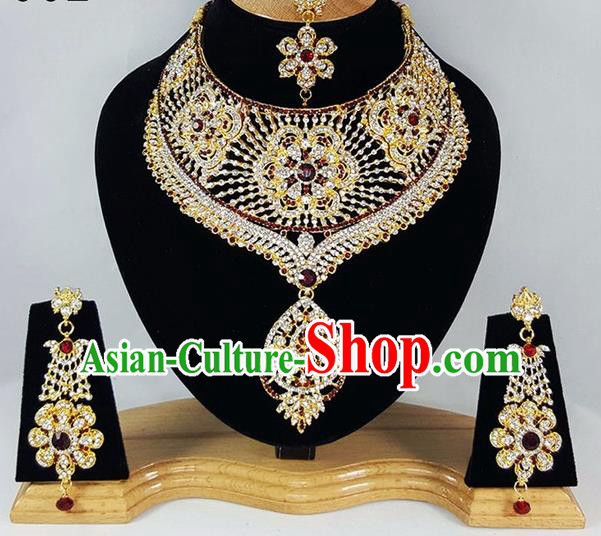 Indian Traditional Bollywood Red Crystal Necklace Earrings and Eyebrows Pendant India Court Princess Jewelry Accessories for Women