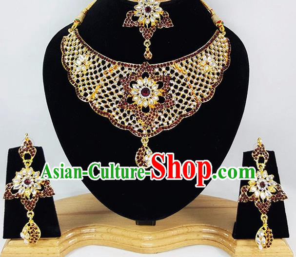 Indian Traditional Bollywood Court Necklace Earrings and Eyebrows Pendant India Princess Jewelry Accessories for Women