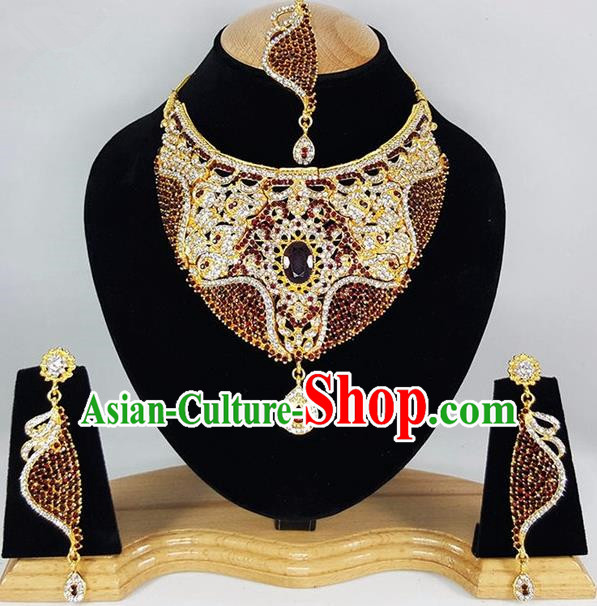 Indian Traditional Bollywood Court Purple Crystal Necklace Earrings and Eyebrows Pendant India Princess Jewelry Accessories for Women