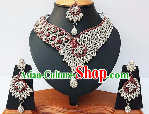 Indian Traditional Bollywood Court Crystal Necklace Earrings and Eyebrows Pendant India Princess Jewelry Accessories for Women