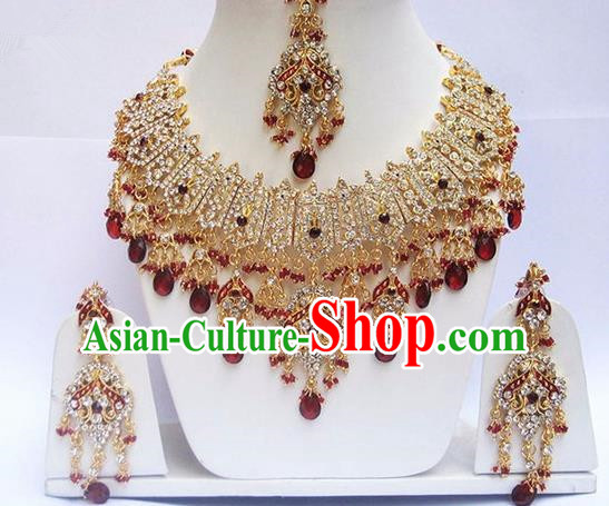 Indian Traditional Bollywood Court Red Crystal Tassel Necklace Earrings and Eyebrows Pendant India Princess Jewelry Accessories for Women