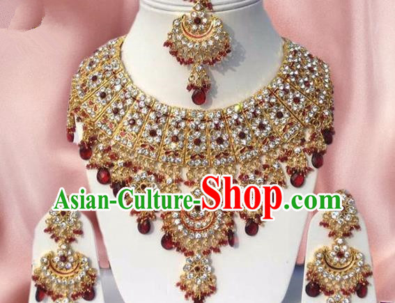 Indian Traditional Bollywood Golden Necklace Earrings and Eyebrows Pendant India Princess Jewelry Accessories for Women