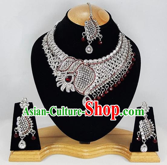 Indian Traditional Bollywood Argent Necklace Earrings and Eyebrows Pendant India Princess Jewelry Accessories for Women