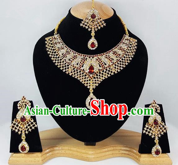 Traditional Indian Bollywood Crystal Golden Necklace Earrings and Eyebrows Pendant India Princess Jewelry Accessories for Women