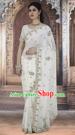 Indian Traditional Bollywood White Sari Dress Asian India Royal Princess Embroidered Costume for Women