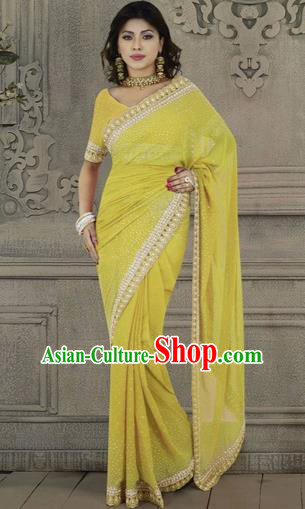 Indian Traditional Bollywood Yellow Veil Sari Dress Asian India Royal Princess Embroidered Costume for Women