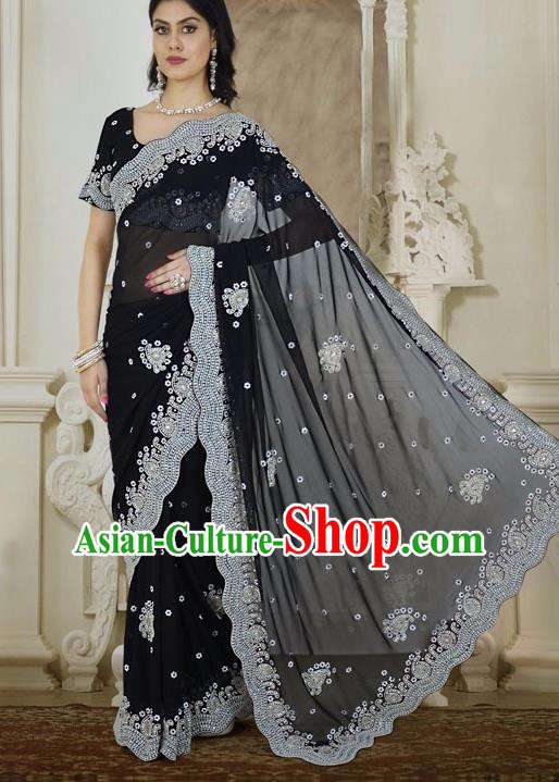 Indian Traditional Bollywood Black Veil Sari Dress Asian India Royal Princess Embroidered Costume for Women