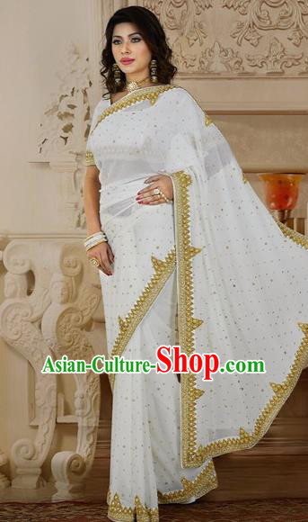 Indian Traditional Bollywood Court White Sari Dress Asian India Royal Princess Costume for Women