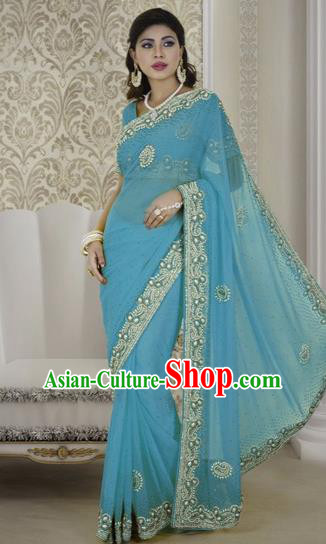 Indian Traditional Bollywood Court Light Blue Sari Dress Asian India Royal Princess Costume for Women