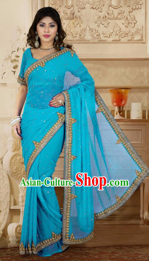 Indian Traditional Court Blue Sari Dress Asian India Bollywood Royal Princess Costume for Women