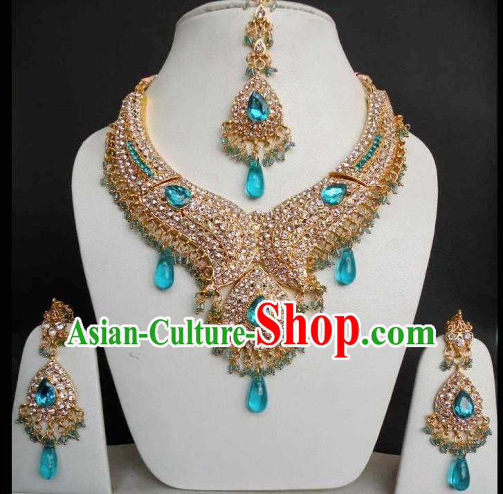 Traditional Indian Bollywood Jewelry Accessories India Princess Blue Crystal Necklace Earrings and Eyebrows Pendant for Women