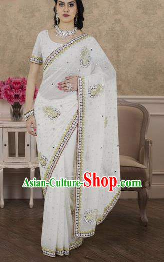 Indian Traditional Bollywood Court White Sari Dress Asian India Royal Princess Costume for Women