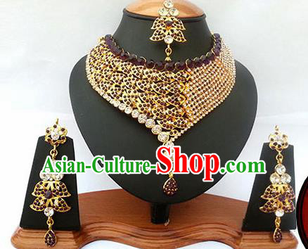 Traditional Indian Jewelry Accessories Bollywood Princess Purple Crystal Necklace Earrings and Eyebrows Pendant for Women