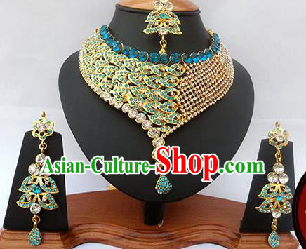 Traditional Indian Jewelry Accessories Bollywood Princess Blue Crystal Necklace Earrings and Eyebrows Pendant for Women