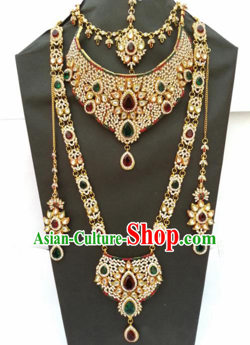 Traditional Indian Jewelry Accessories Bollywood Princess Colorful Crystal Necklace Earrings and Hair Clasp for Women