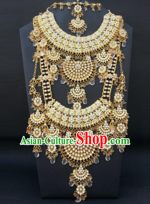 Traditional Indian Jewelry Accessories Bollywood Princess Golden Necklace Earrings and Hair Clasp for Women