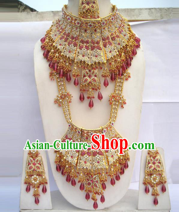 Traditional Indian Jewelry Accessories Bollywood Princess Rosy Tassel Necklace Earrings and Hair Clasp for Women