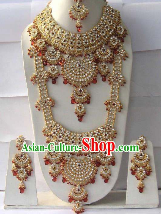 Traditional Indian Wedding Jewelry Accessories Bollywood Red Beads Necklace Earrings and Hair Clasp for Women