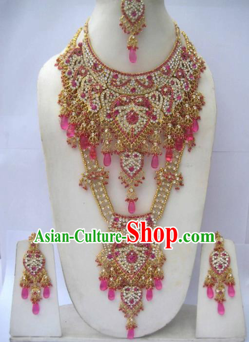 Traditional Indian Wedding Jewelry Accessories Bollywood Rosy Necklace Earrings and Hair Clasp for Women