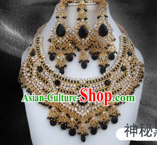 Traditional Indian Wedding Accessories Bollywood Black Crystal Necklace Earrings and Hair Clasp for Women