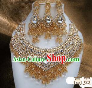 Traditional Indian Wedding Accessories Bollywood Crystal Golden Necklace Earrings and Hair Clasp for Women