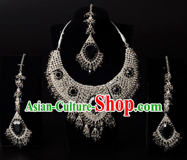 Traditional Indian Wedding Accessories Bollywood Princess Black Crystal Golden Necklace Earrings and Hair Clasp for Women