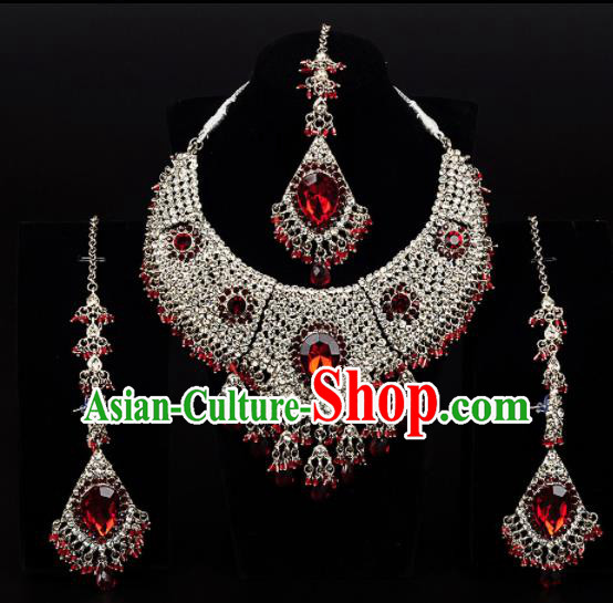 Traditional Indian Wedding Accessories Bollywood Princess Red Crystal Golden Necklace Earrings and Hair Clasp for Women