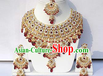 Traditional Indian Wedding Accessories Bollywood Princess Red Beads Necklace Earrings and Hair Clasp for Women